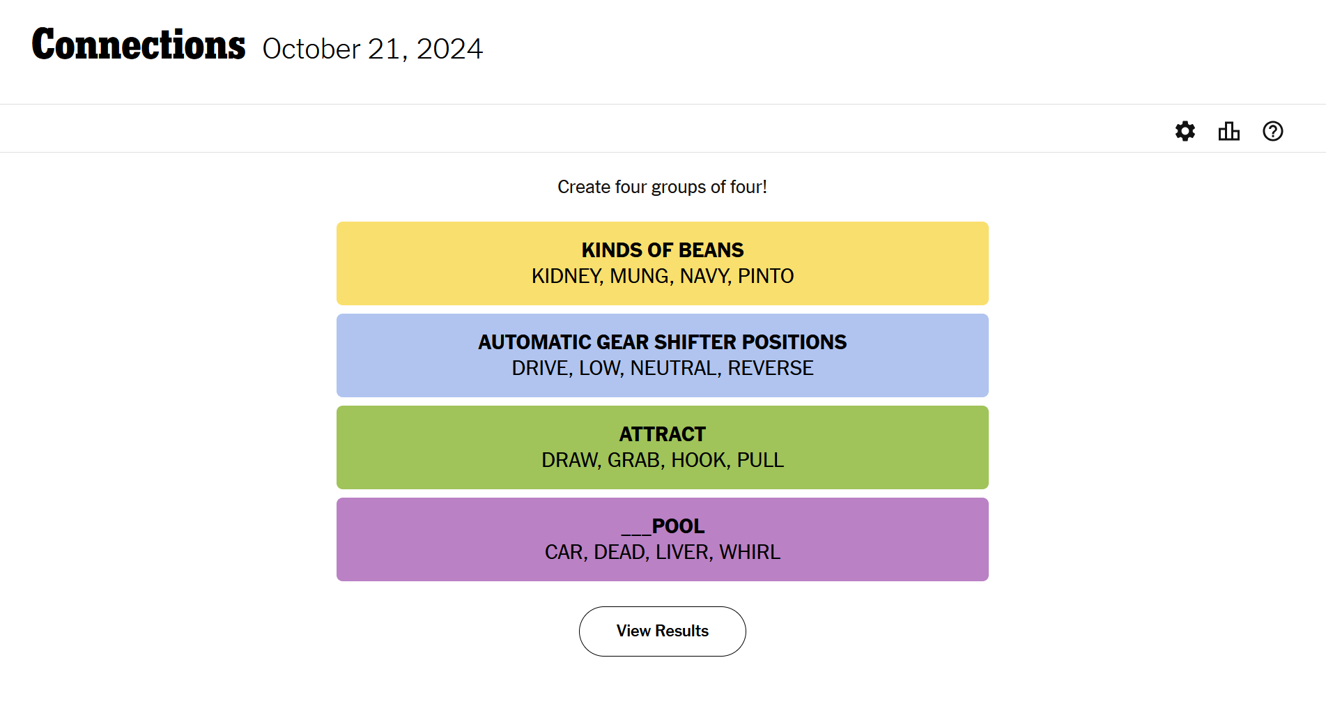 Completed NYT Connections Game for 10/21/2024